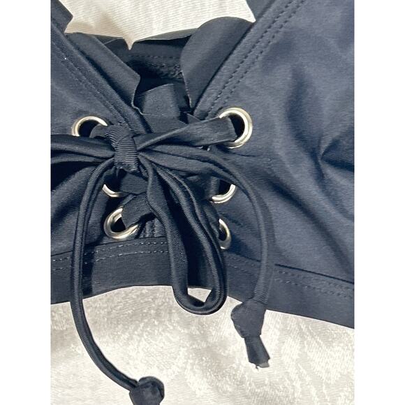 Cute Goth Bikini Top Large Black Lace Up Front Scalloped Crop - Picture 2 of 5